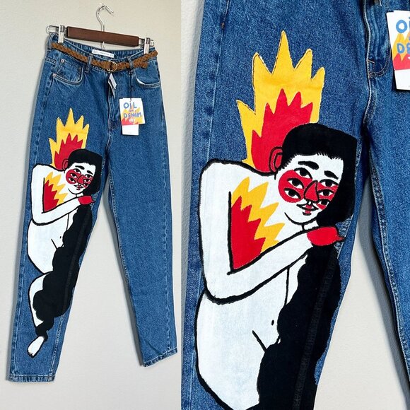 NEW TRF Zara x Ricardo Cavolo Hand Oil Painted Mom Jeans 4 + Belt Dark Wash Rare - Picture 3 of 16